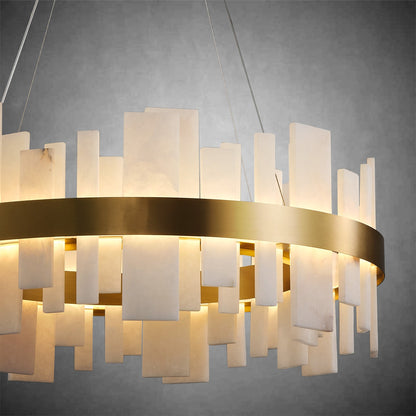 Alabaster Round Chandelier, Natural Spanish Stone Texture Chandeliers, 31.5" Adjustable Alabaster Chandelier Over Table for Living Room, Bedroom, Hallway – Modern Luxury Ceiling Lighting