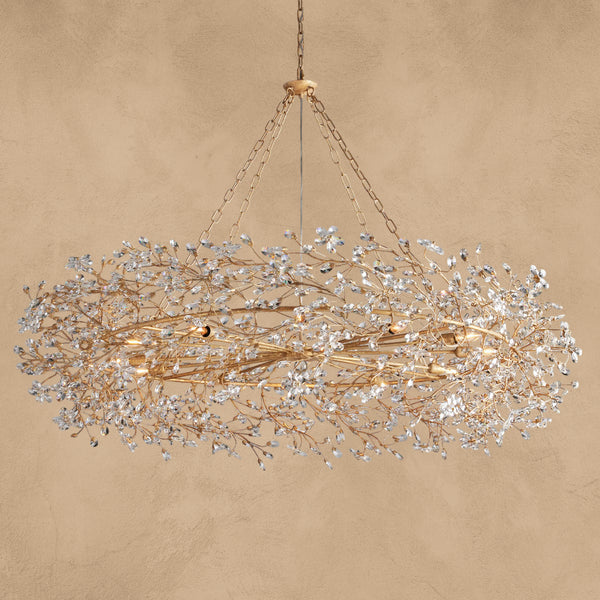 Fiore chandelier in gold with crystal florals on iron branches, full crown view