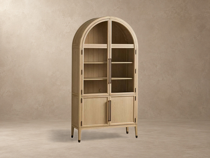 Tall Oak Display Cabinet with Glass Doors