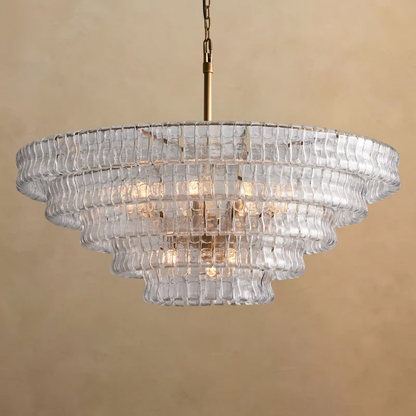 Ghiaccio round chandelier with clear ice-glass shades, studio side view