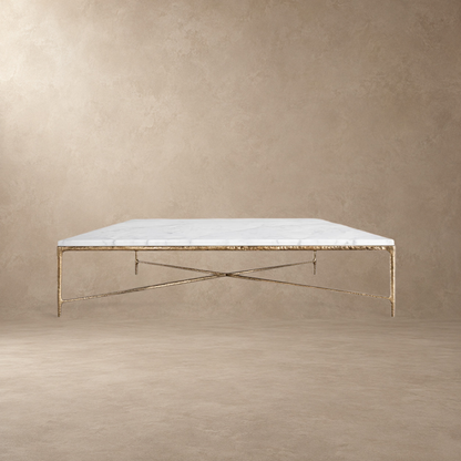 Happyarcadian Square Hammered Metal and Marble Coffee Table