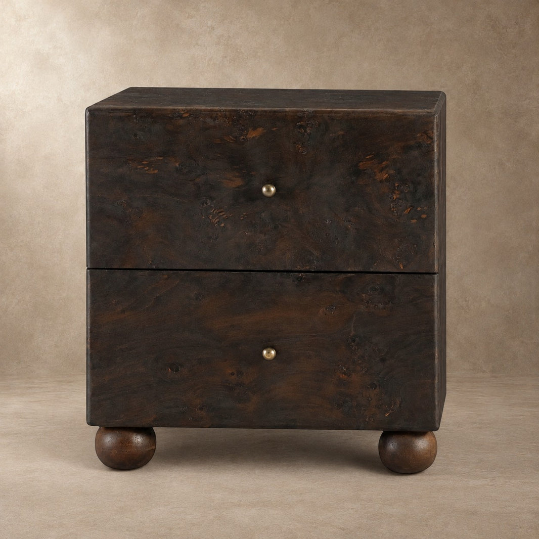 Burl Wood Bedside Table with Brass Accents