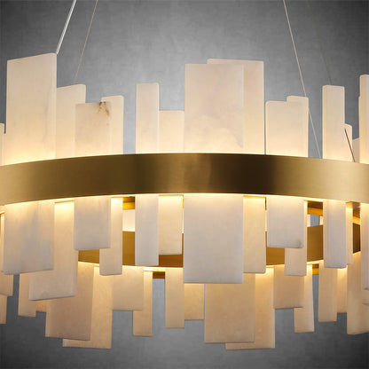 Alabaster Round Chandelier, Natural Spanish Stone Texture Chandeliers, 31.5" Adjustable Alabaster Chandelier Over Table for Living Room, Bedroom, Hallway – Modern Luxury Ceiling Lighting