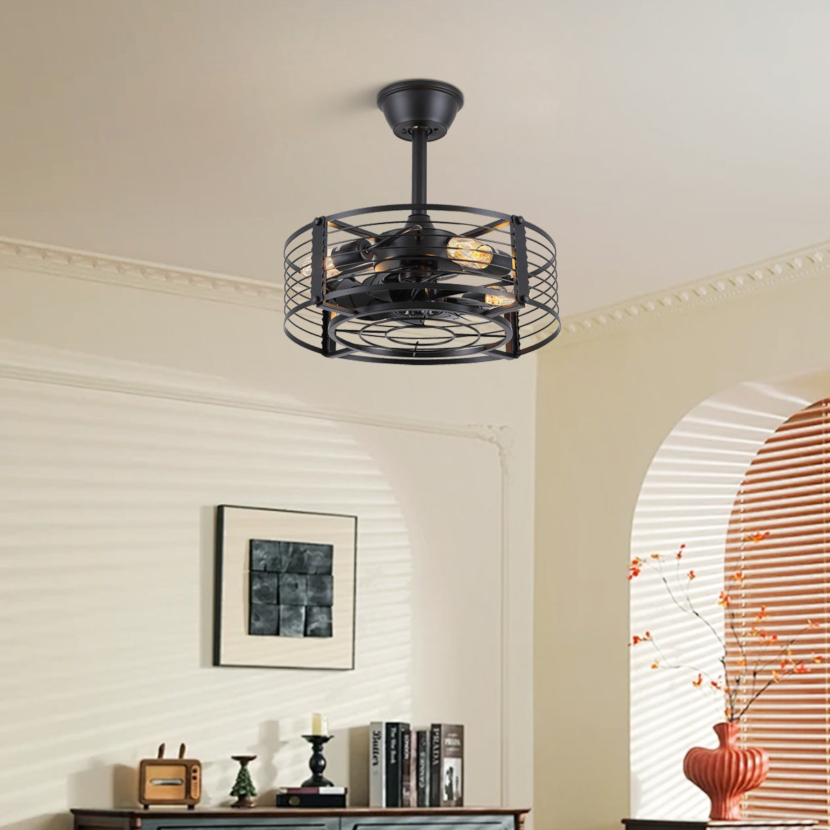 Cage Industrial Black Bladeless Ceiling Fan Light 18"