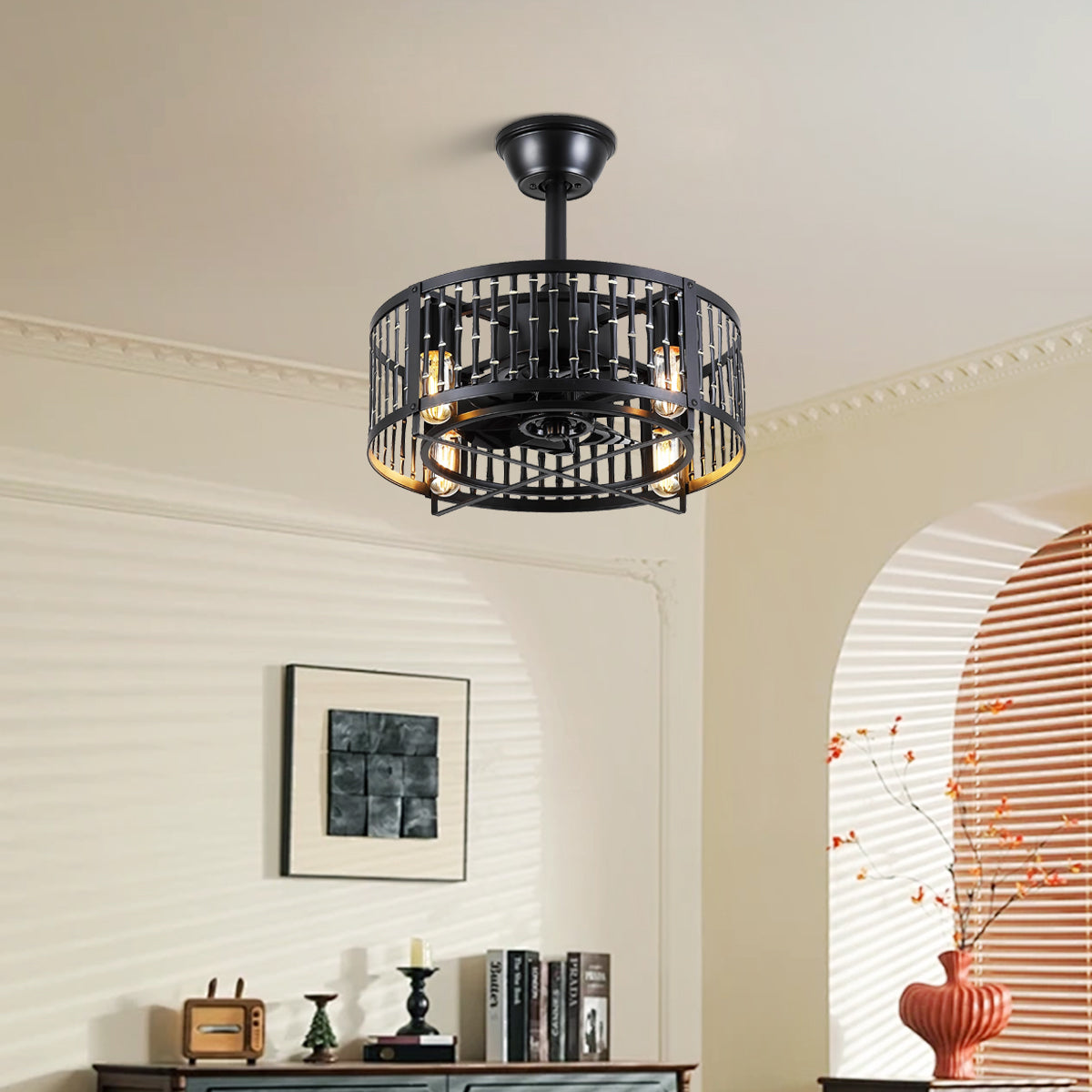 Industrial Black Cage Ceiling Fan Light 18"
