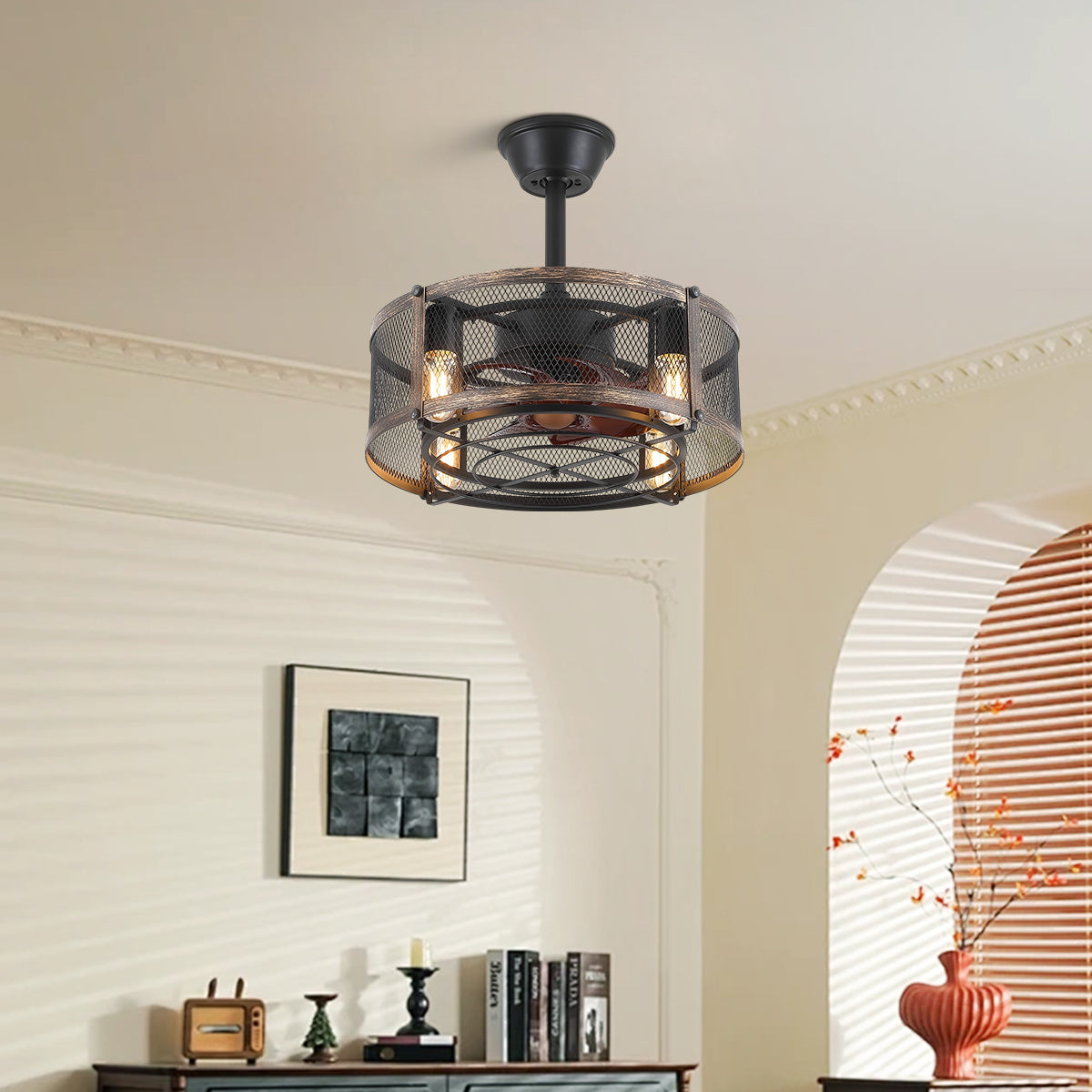 Iron Cage Country Wood Grain Black Ceiling Fan Light 18"