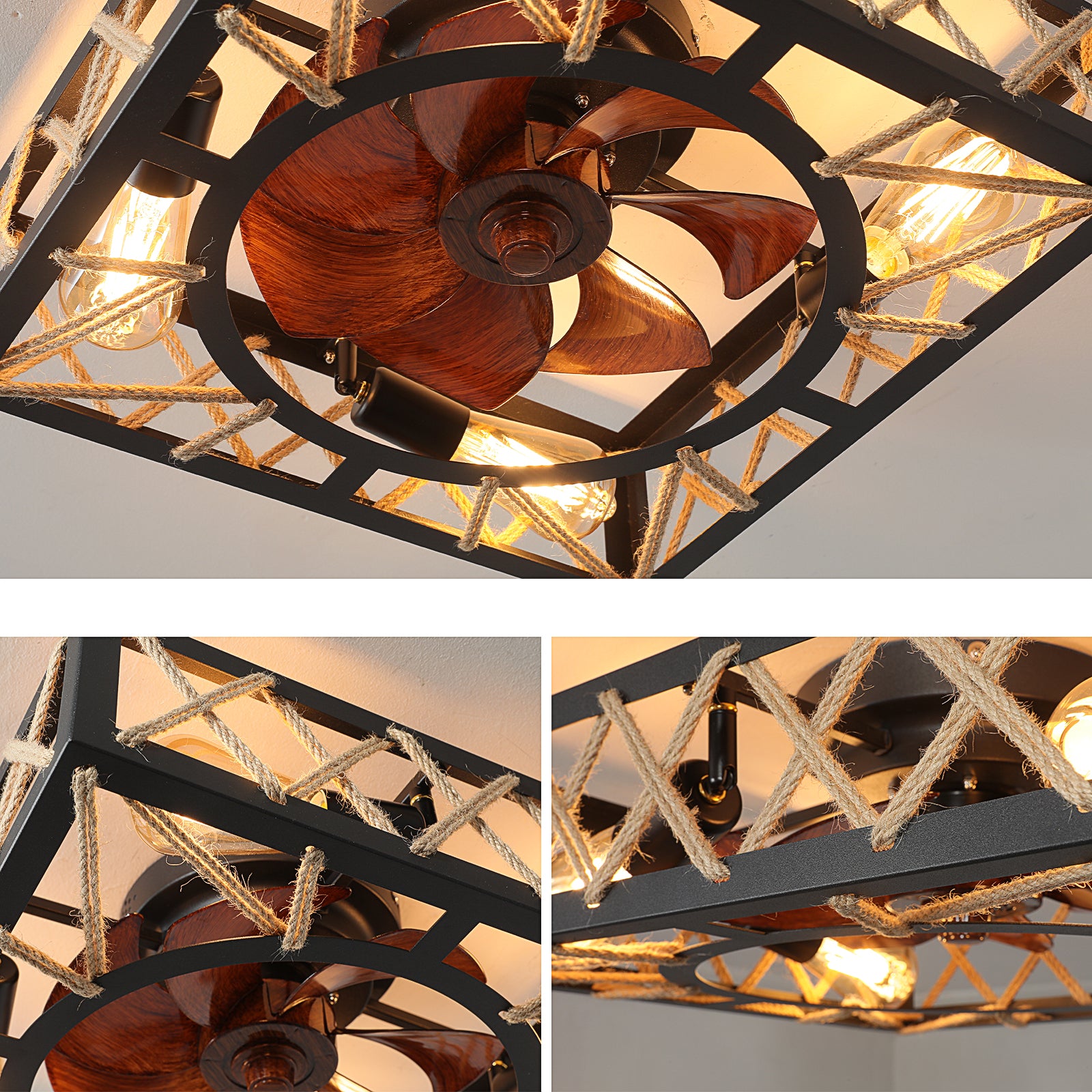 Modern Square Flush Mount Caged Ceiling Fan With Lights