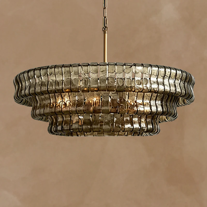 Givrelle round chandelier in brass with smoke-grey glass shades