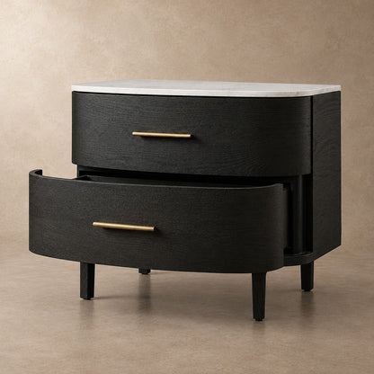 Two-Drawer Marble Top Bedside Table With Brass Pulls