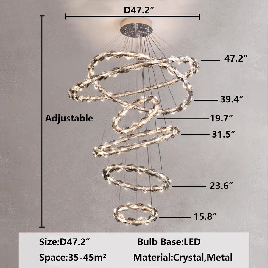 6 rings D47.2" Modern Extra Large Multi-layers Ring Ceiling Crystal Chandelier For Staircase/Foyer/Hallway