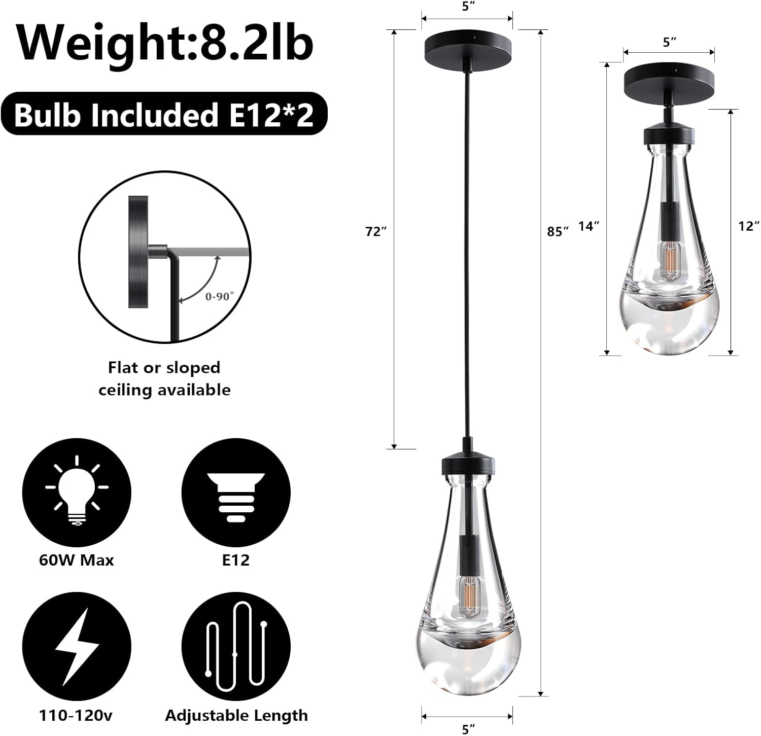 Modern Nickel Pendant Light, Raindrop Hanging Light Fixtures for Kitchen Island, Indoor Crystal Ceiling Light Fixtures with Clear Solid Crystal Raindrop for Living Room Hallway