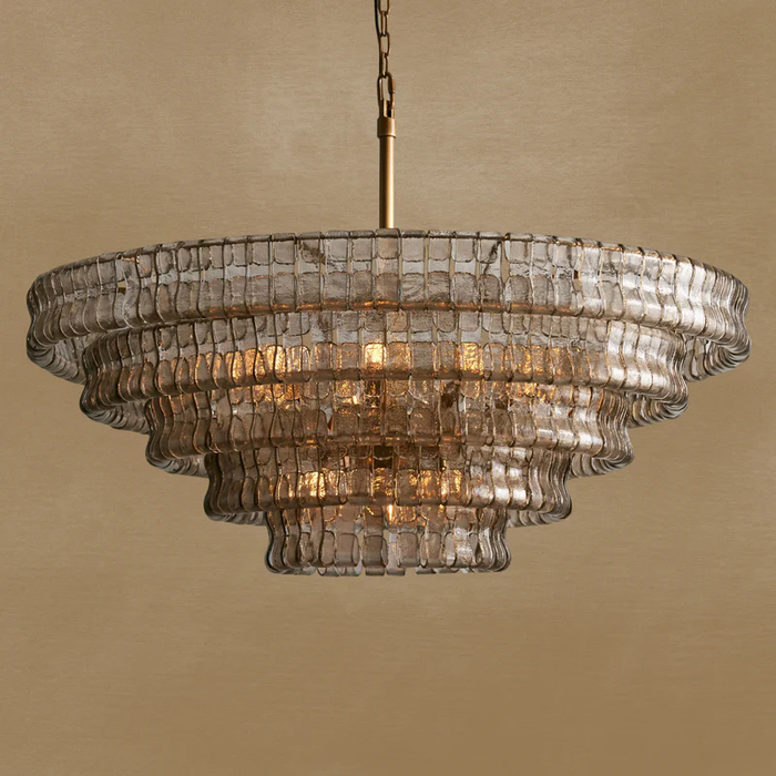 Givrelle round chandelier in brass with clear tiered ice-glass shades