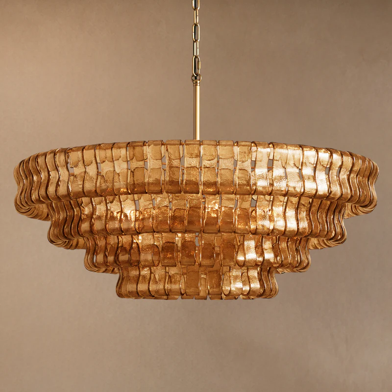 Ghiaccio round chandelier in brass with amber glass shades, full view