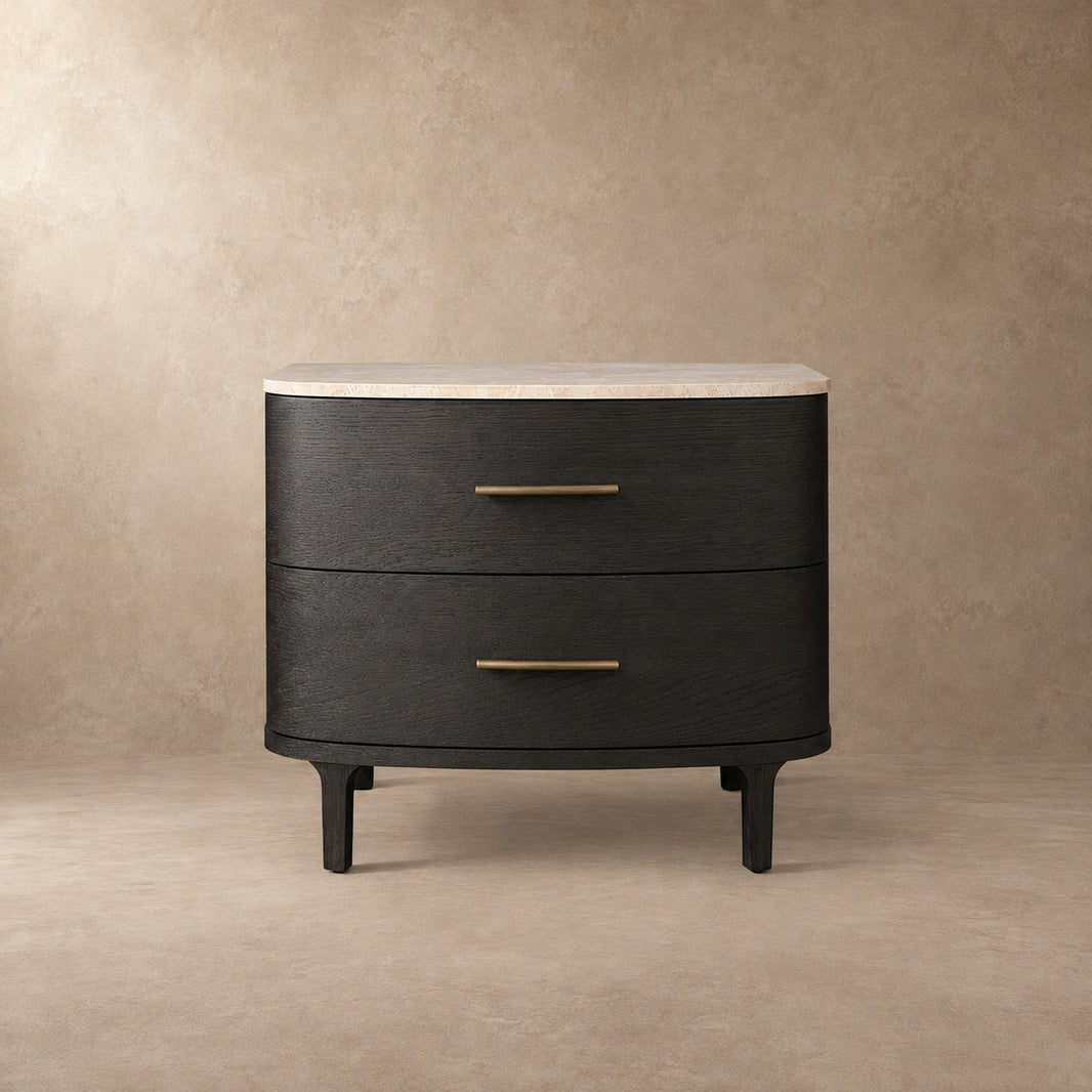 Two-Drawer Marble Top Bedside Table With Brass Pulls