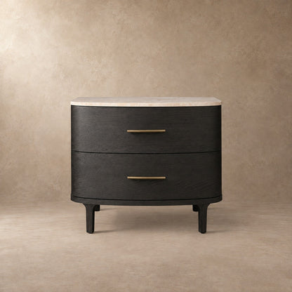 Two-Drawer Marble Top Bedside Table With Brass Pulls