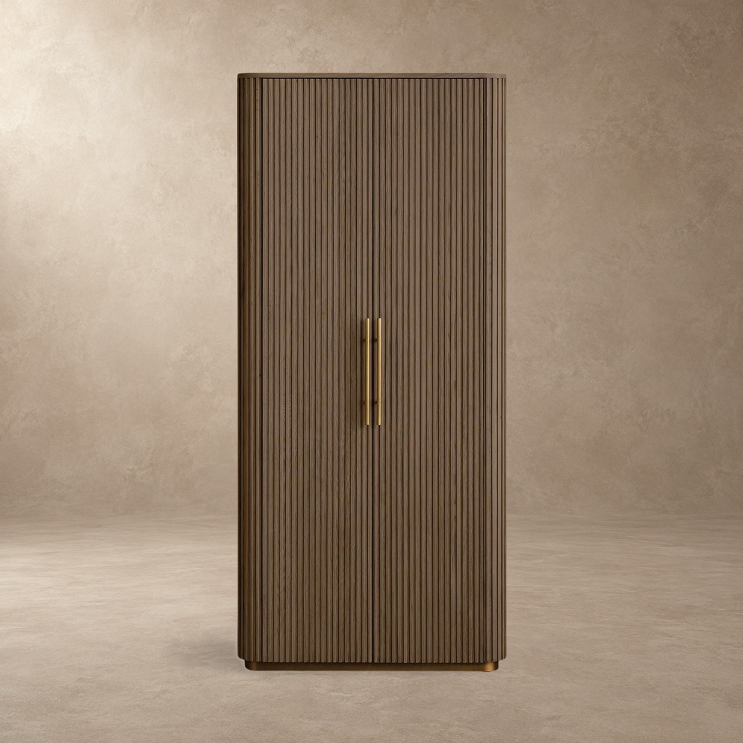 Tall Reeded Oak Storage Cabinet with Doors