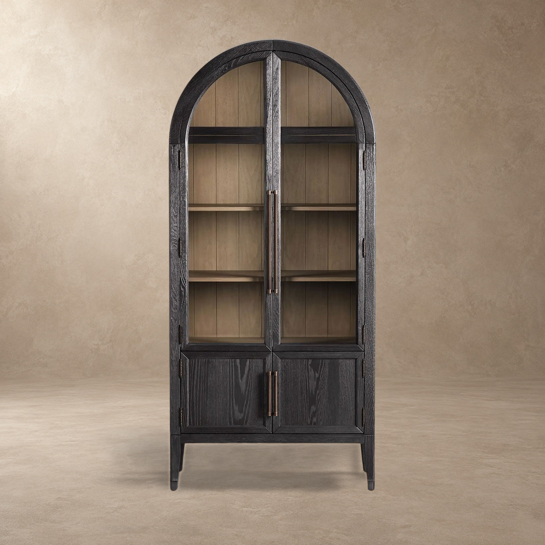 Tall Oak Display Cabinet with Glass Doors