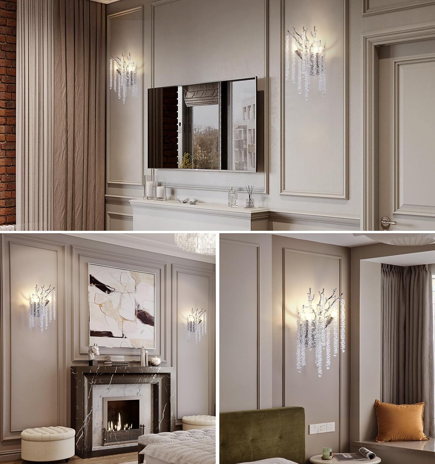 Silver Crystal Tree Branch Wall Sconce 10" Height Modern