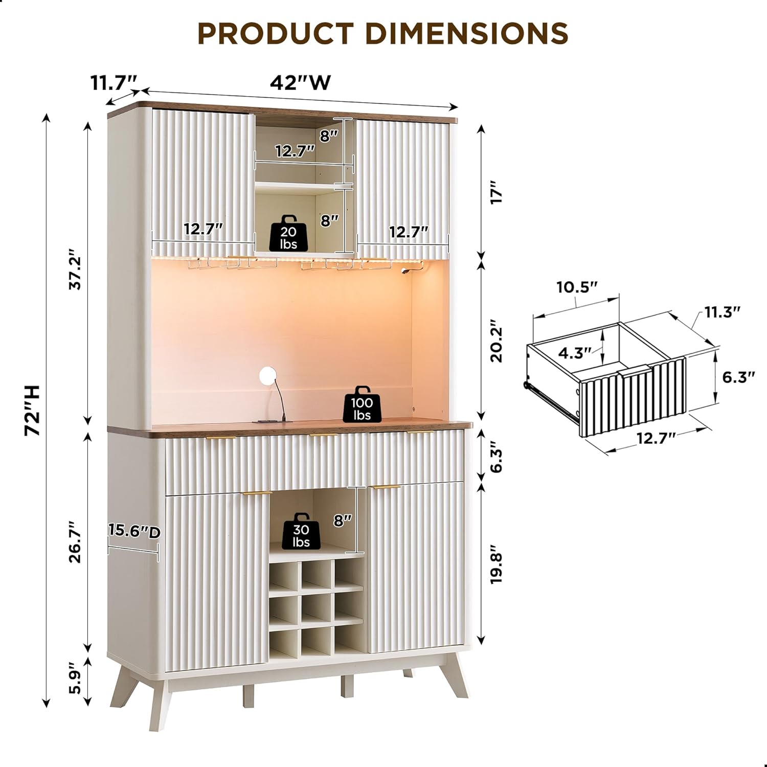 72" Tall Wine Bar Cabinet with Hutch, LED Lights & Storage