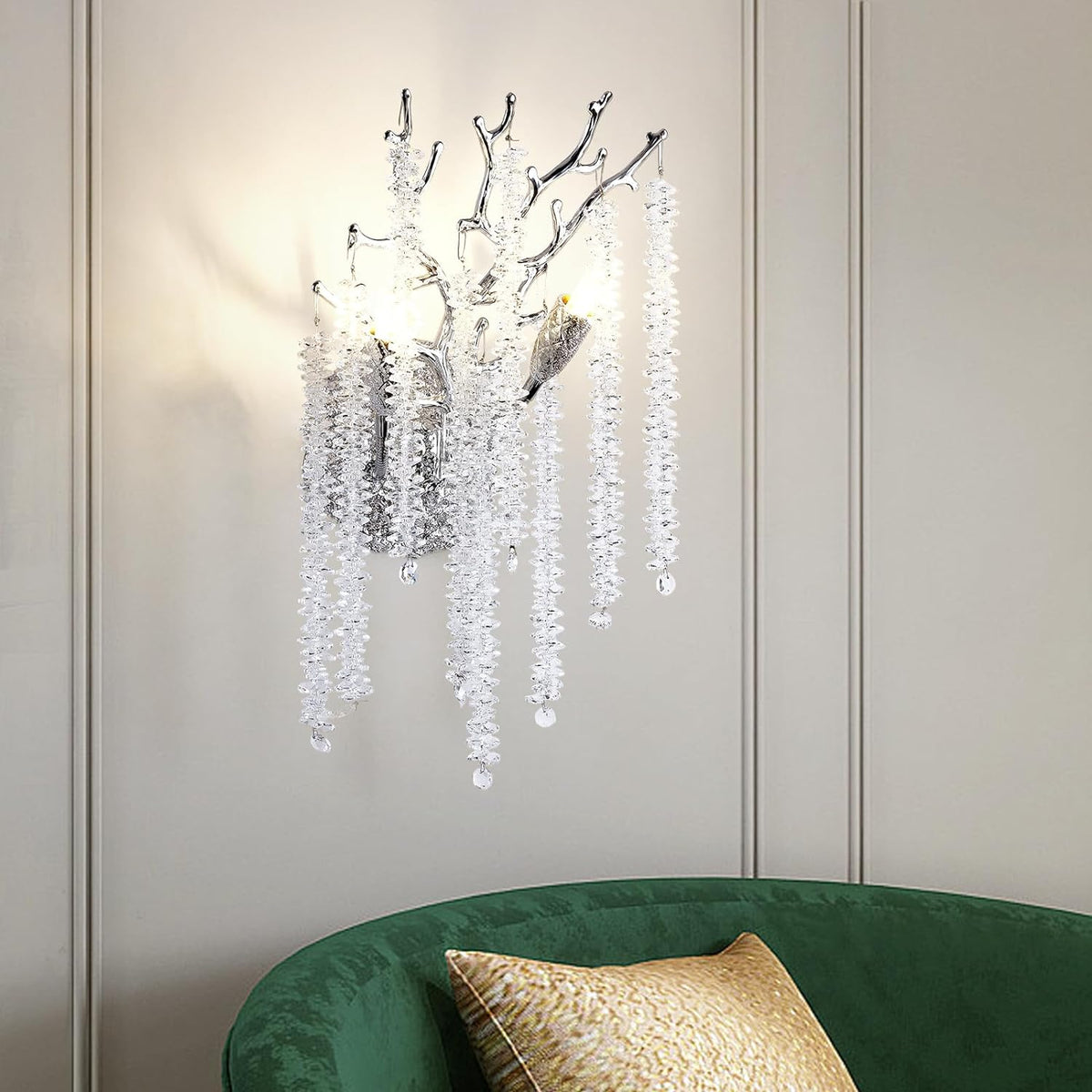 Silver Crystal Tree Branch Wall Sconce 10" Height Modern