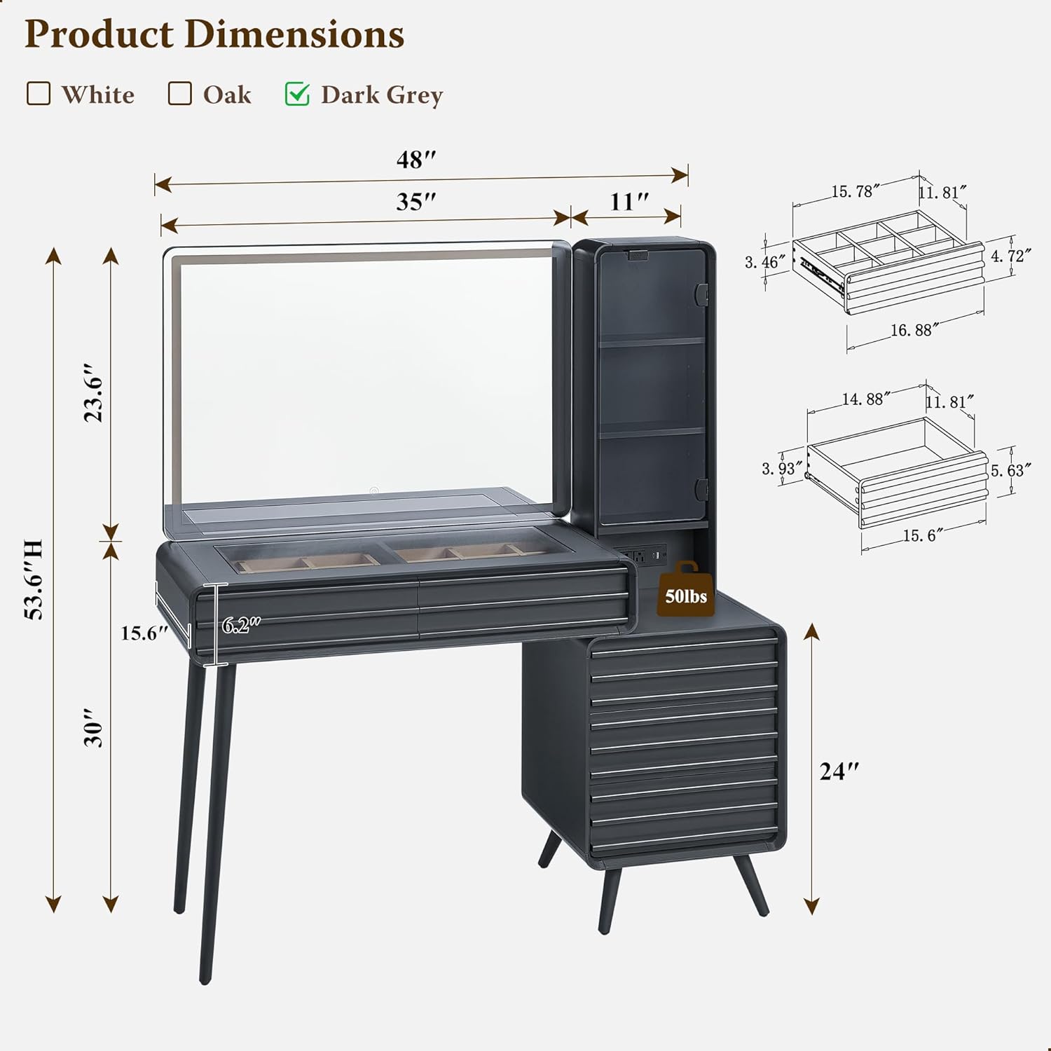 Fluted Makeup Vanity Desk with Lighted Mirror and Charging Station