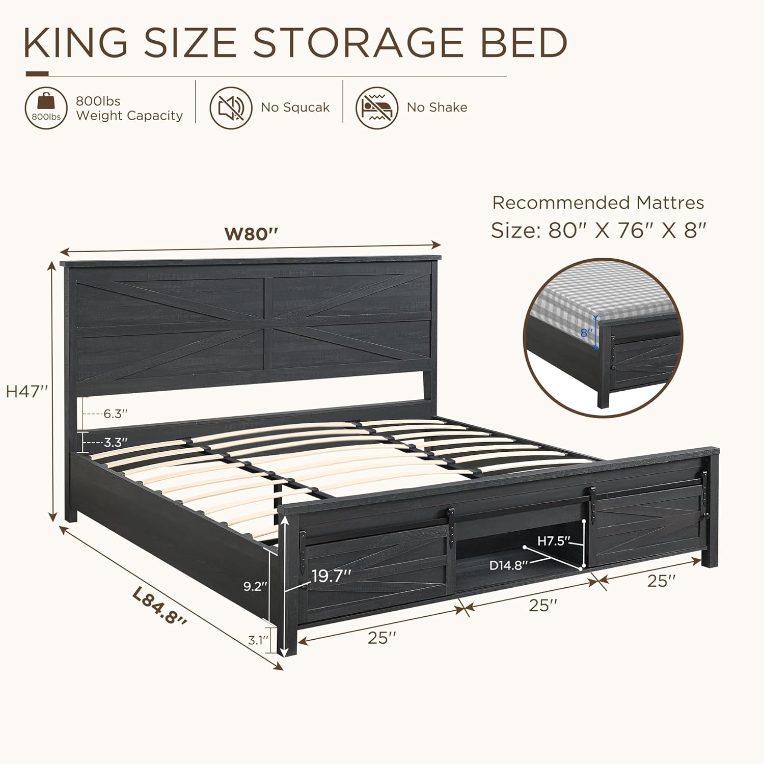 King Size Farmhouse Wood Bed Frame with Barn Door Cabinets