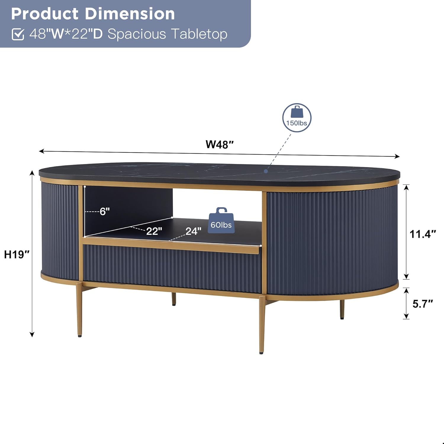 OKD Modern Oval Coffee Table 48 Inch with Drawer Navy Blue