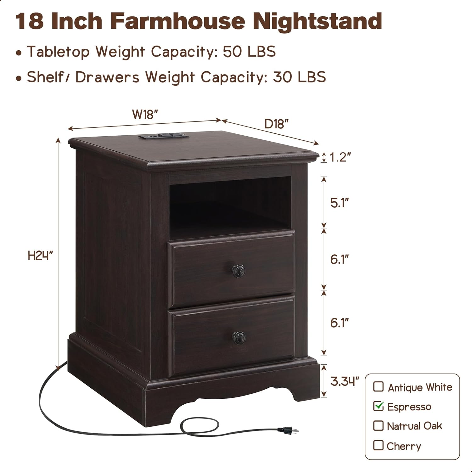 T4TREAM Espresso Nightstand with Charging Station and Two Drawers