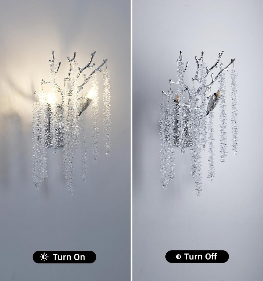 Silver Crystal Tree Branch Wall Sconce 10" Height Modern