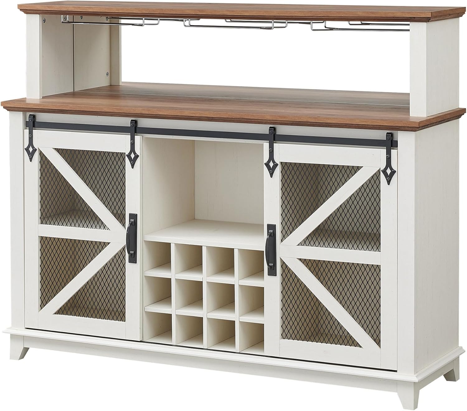 Farmhouse Coffee Bar Cabinet with LED Lights Antique White, 55-Inch