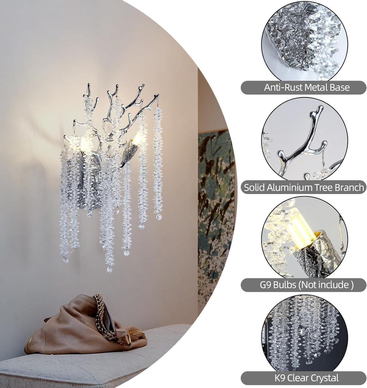 Silver Crystal Tree Branch Wall Sconce 10" Height Modern