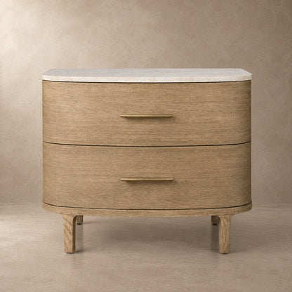 Two-Drawer Marble Top Bedside Table With Brass Pulls
