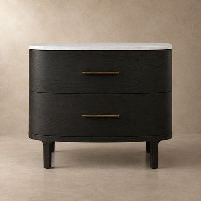 Two-Drawer Marble Top Bedside Table With Brass Pulls