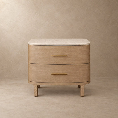 Two-Drawer Marble Top Bedside Table With Brass Pulls