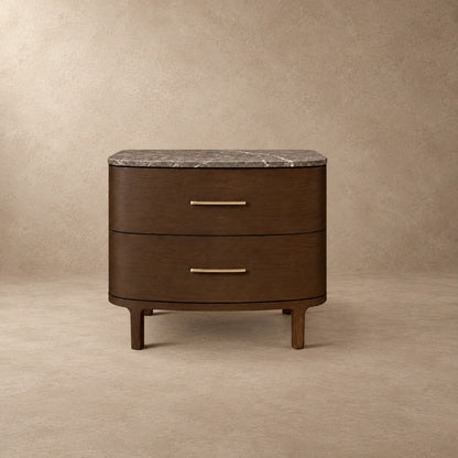 Two-Drawer Marble Top Bedside Table With Brass Pulls