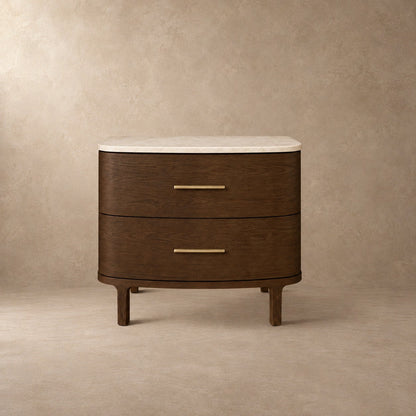 Two-Drawer Marble Top Bedside Table With Brass Pulls