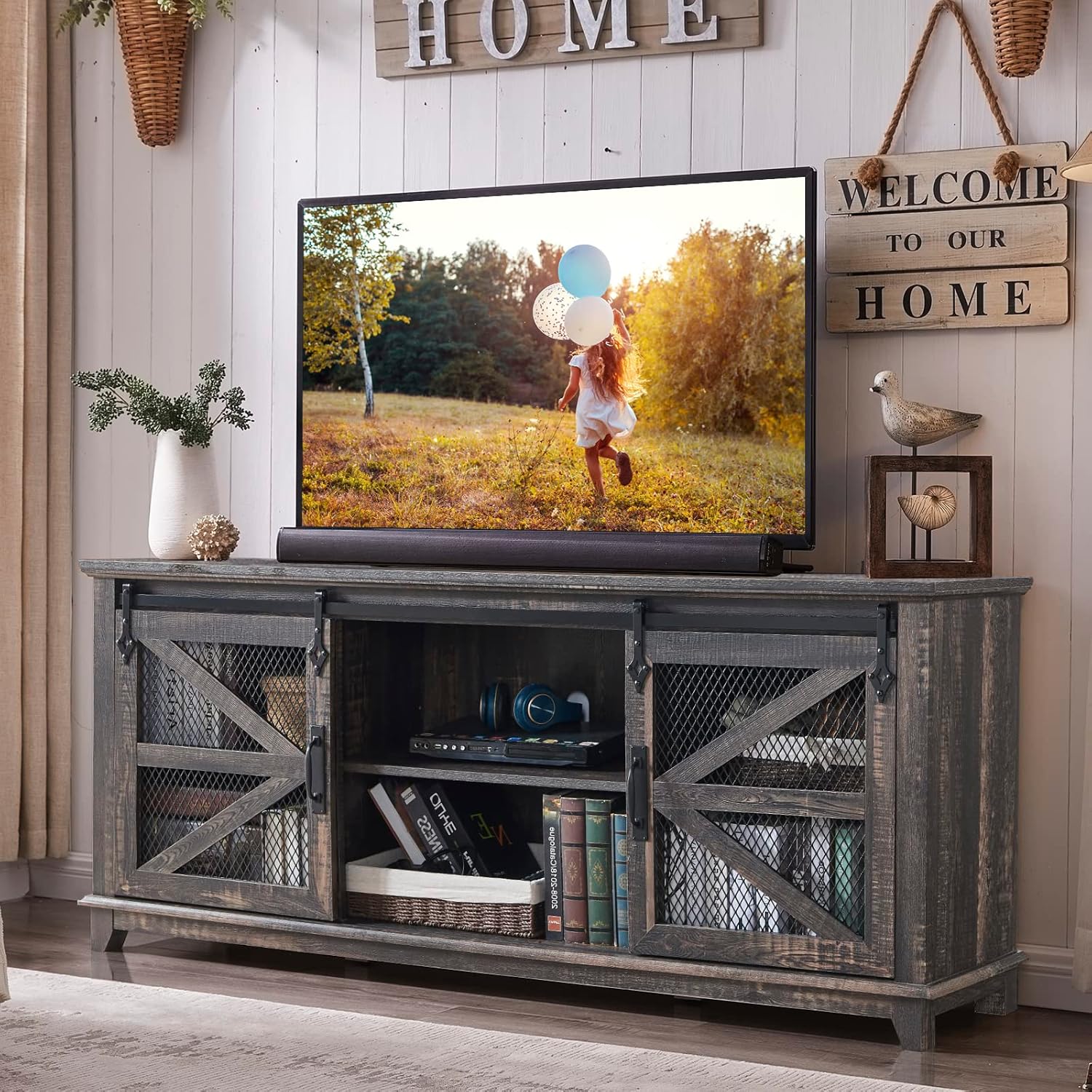 OKD Farmhouse TV Stand for 75 Inch TV, Rustic Oak