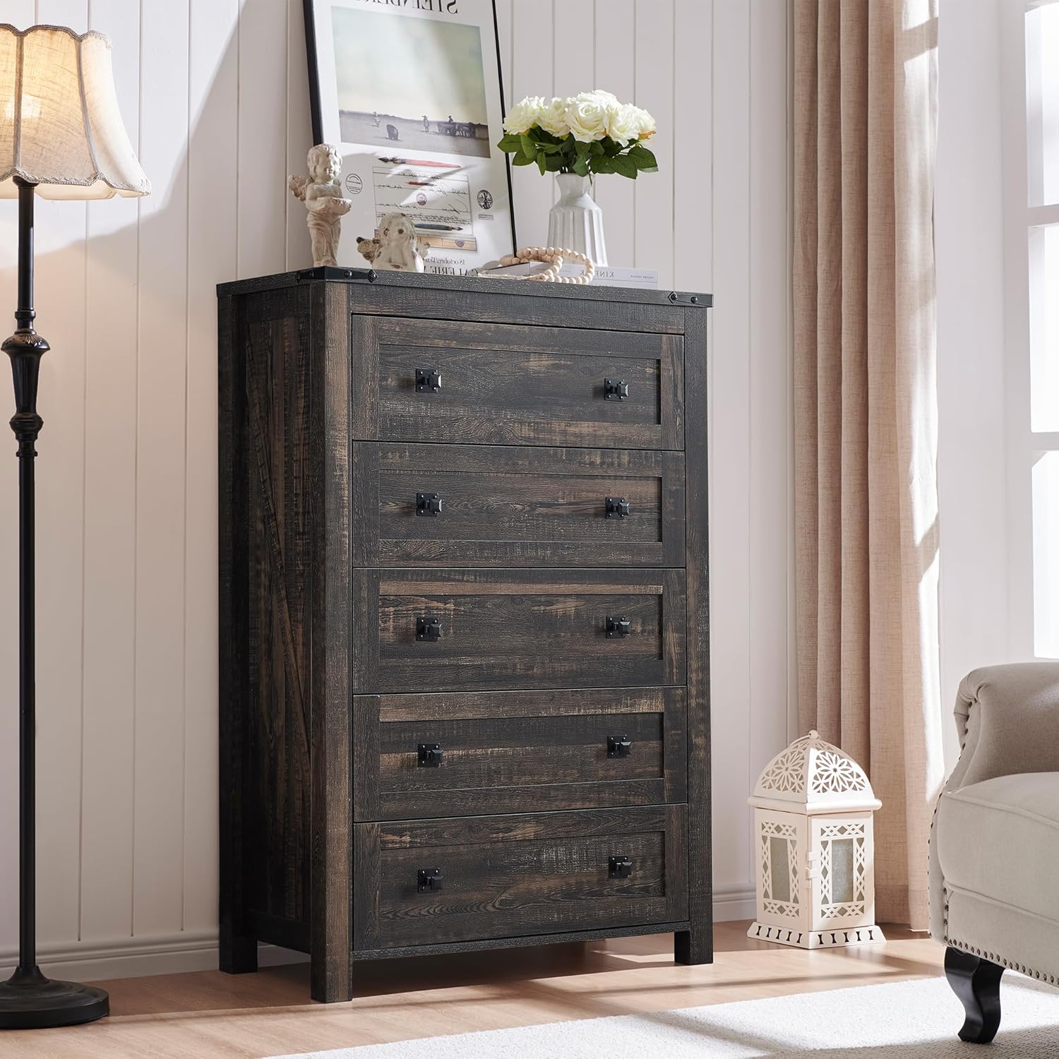 Farmhouse 5 Drawer Dresser - Rustic Wood Chest
