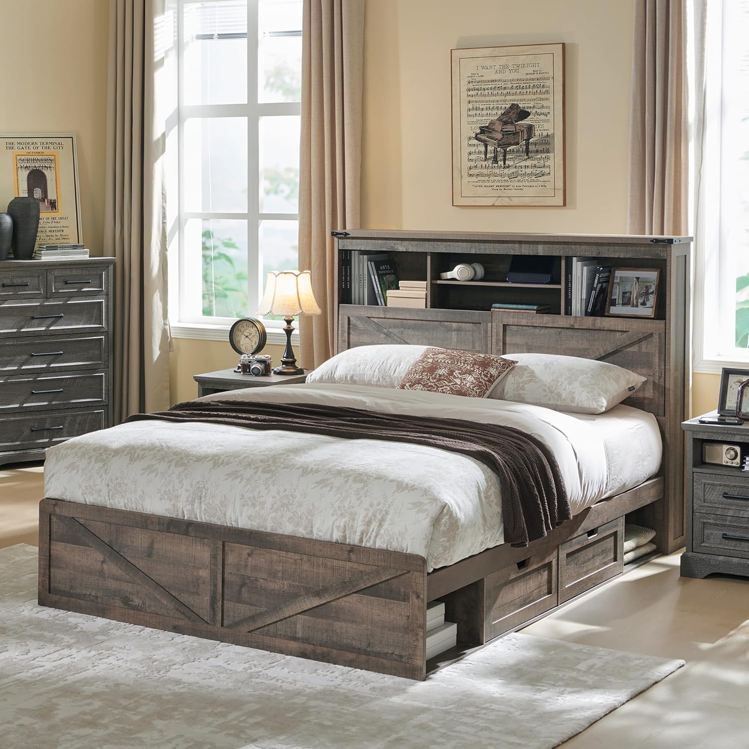 Full Size Farmhouse Wood Bed Frame with Storage Headboard & Drawers