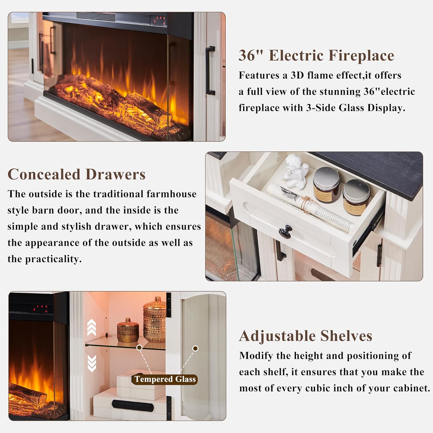 Farmhouse TV Stand with 36" Fireplace & LED - Antique White