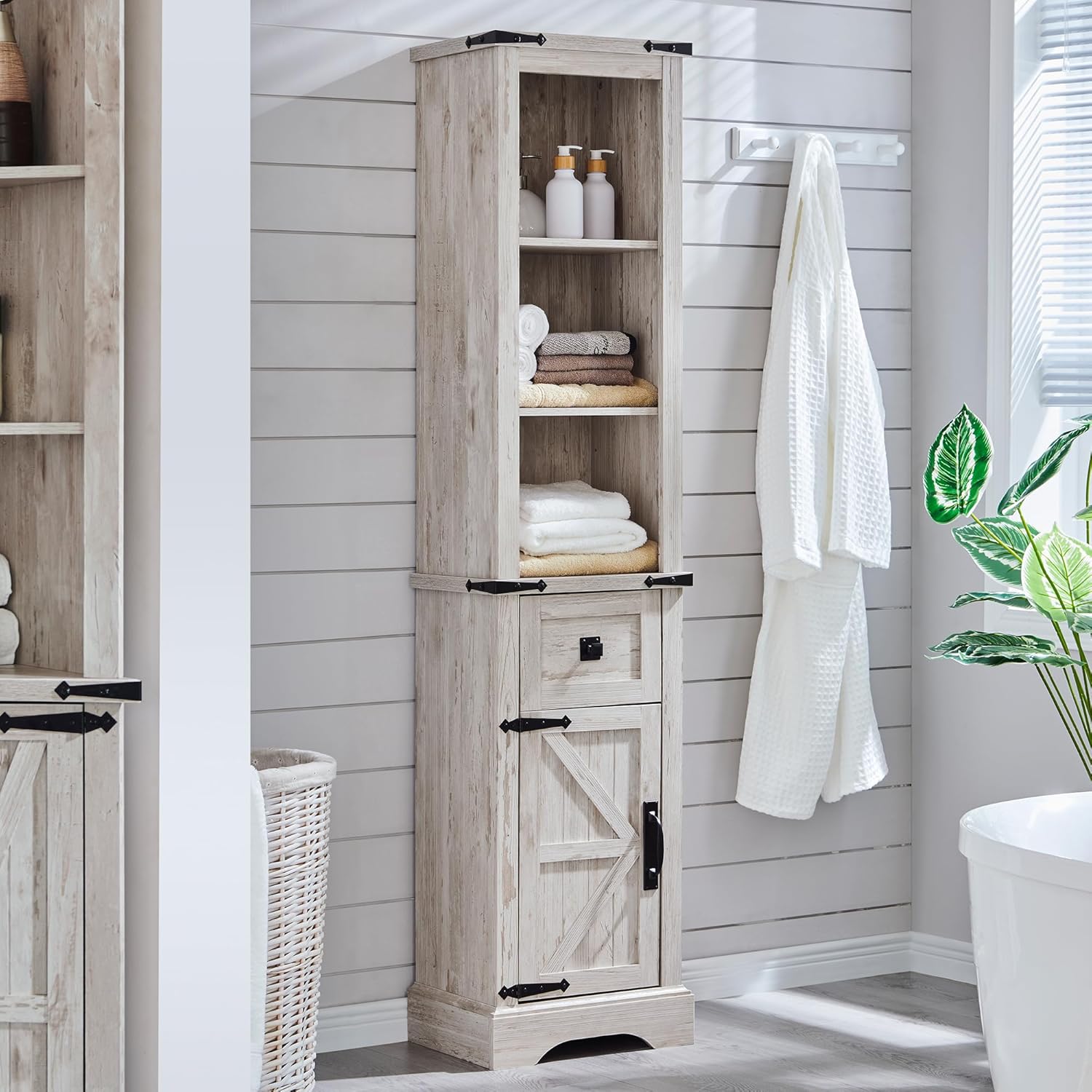 Farmhouse Bathroom Storage Cabinet with Adjustable Shelves and Drawer