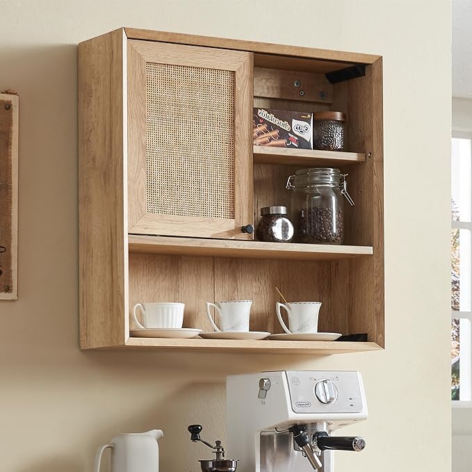 OKD Hand-Woven Rattan Wall Storage Cabinet with Adjustable Shelves