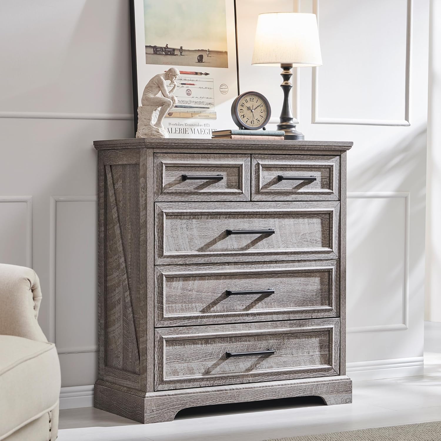 Rustic Grey Farmhouse 5-Drawer Dresser | Bedroom Storage Organizer