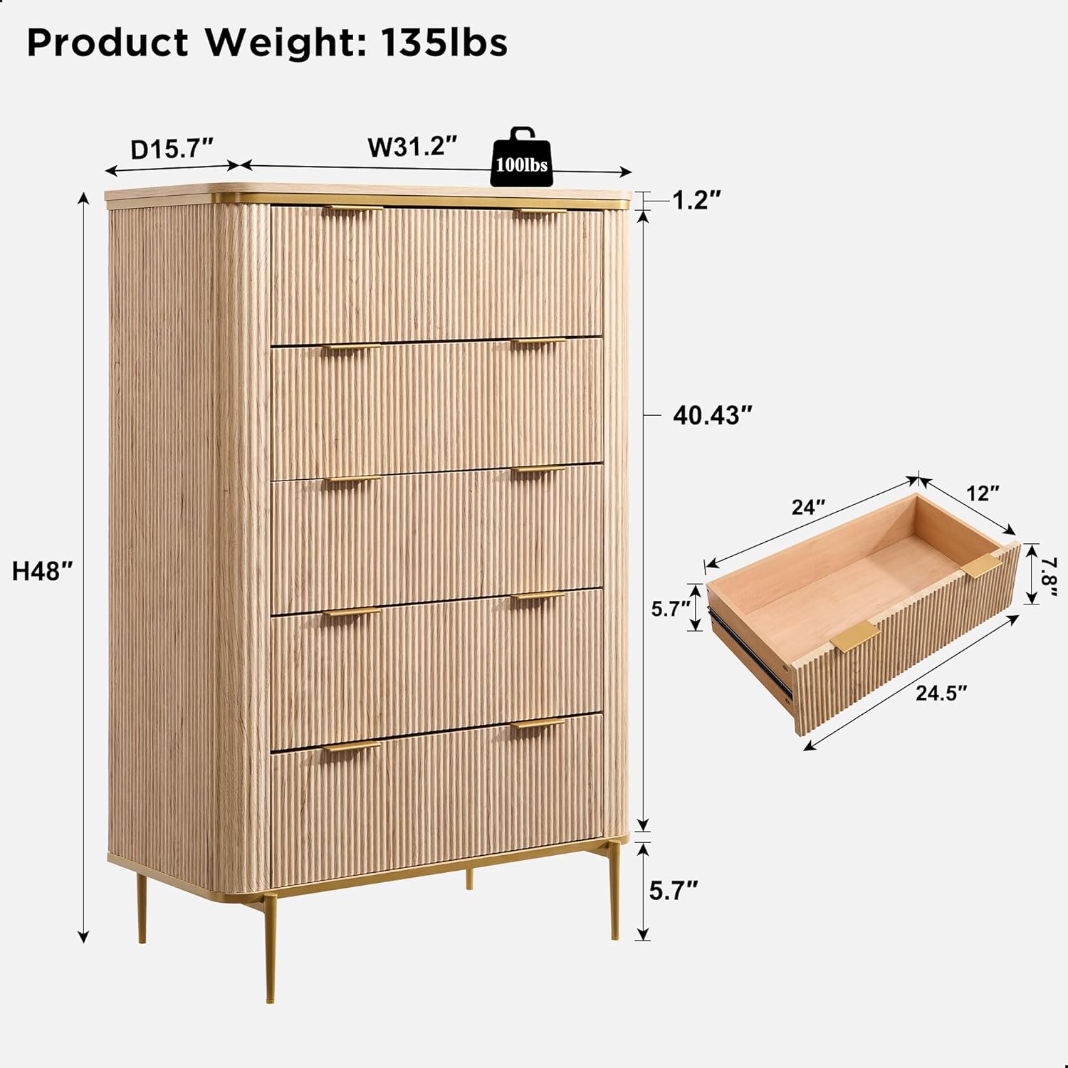 T4TREAM Fluted 5-Drawer Dresser: Modern Wood Storage Organizer