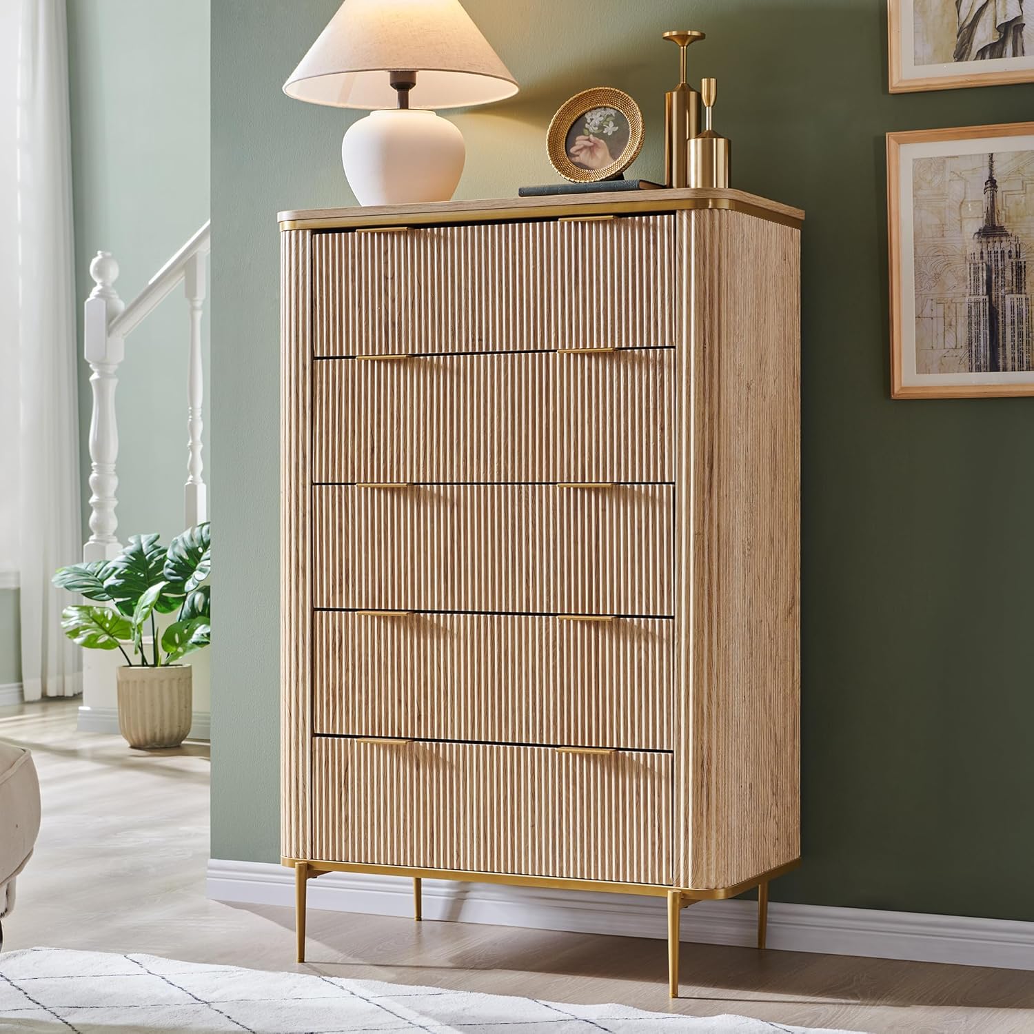 T4TREAM Fluted 5-Drawer Dresser: Modern Wood Storage Organizer
