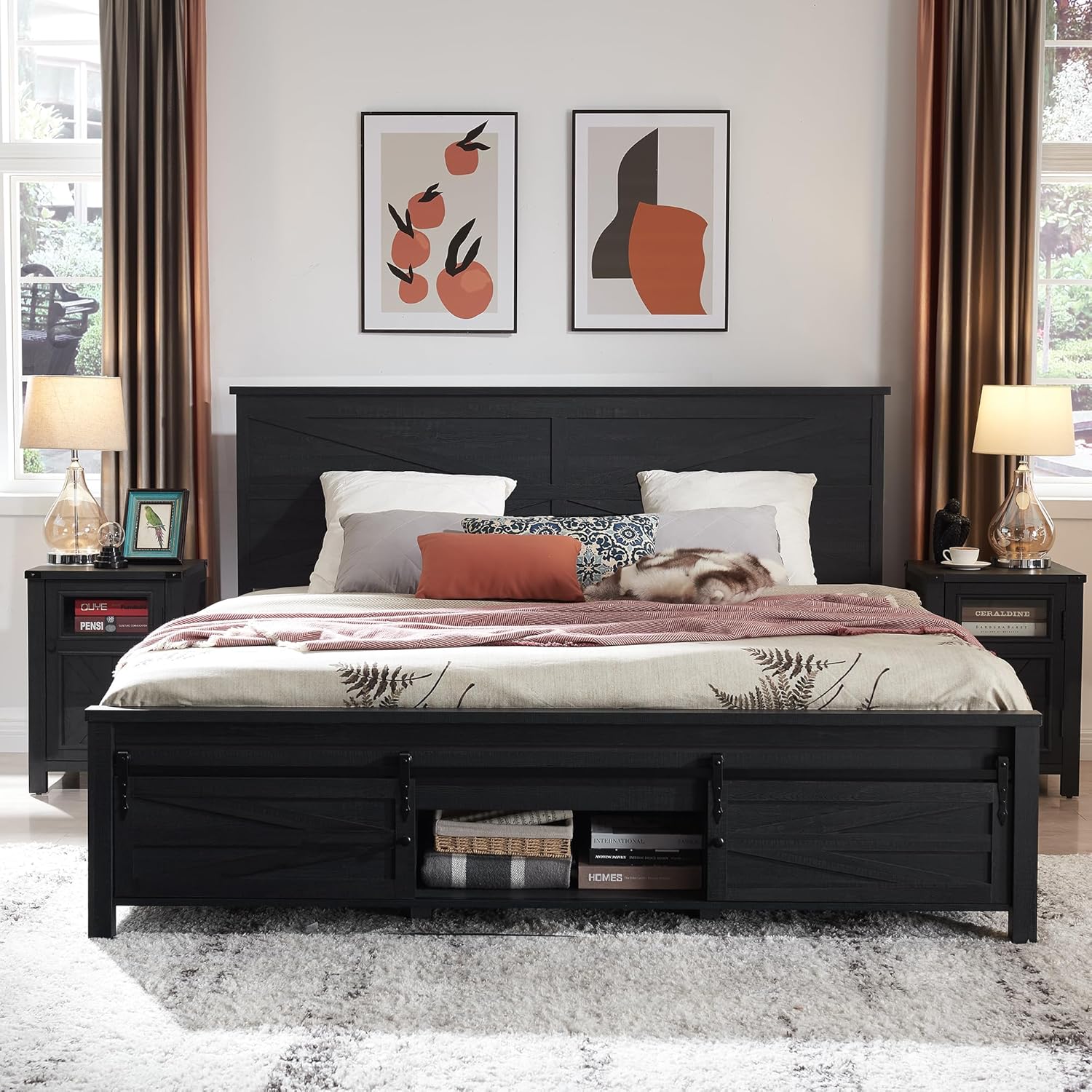 King Size Farmhouse Wood Bed Frame with Barn Door Cabinets
