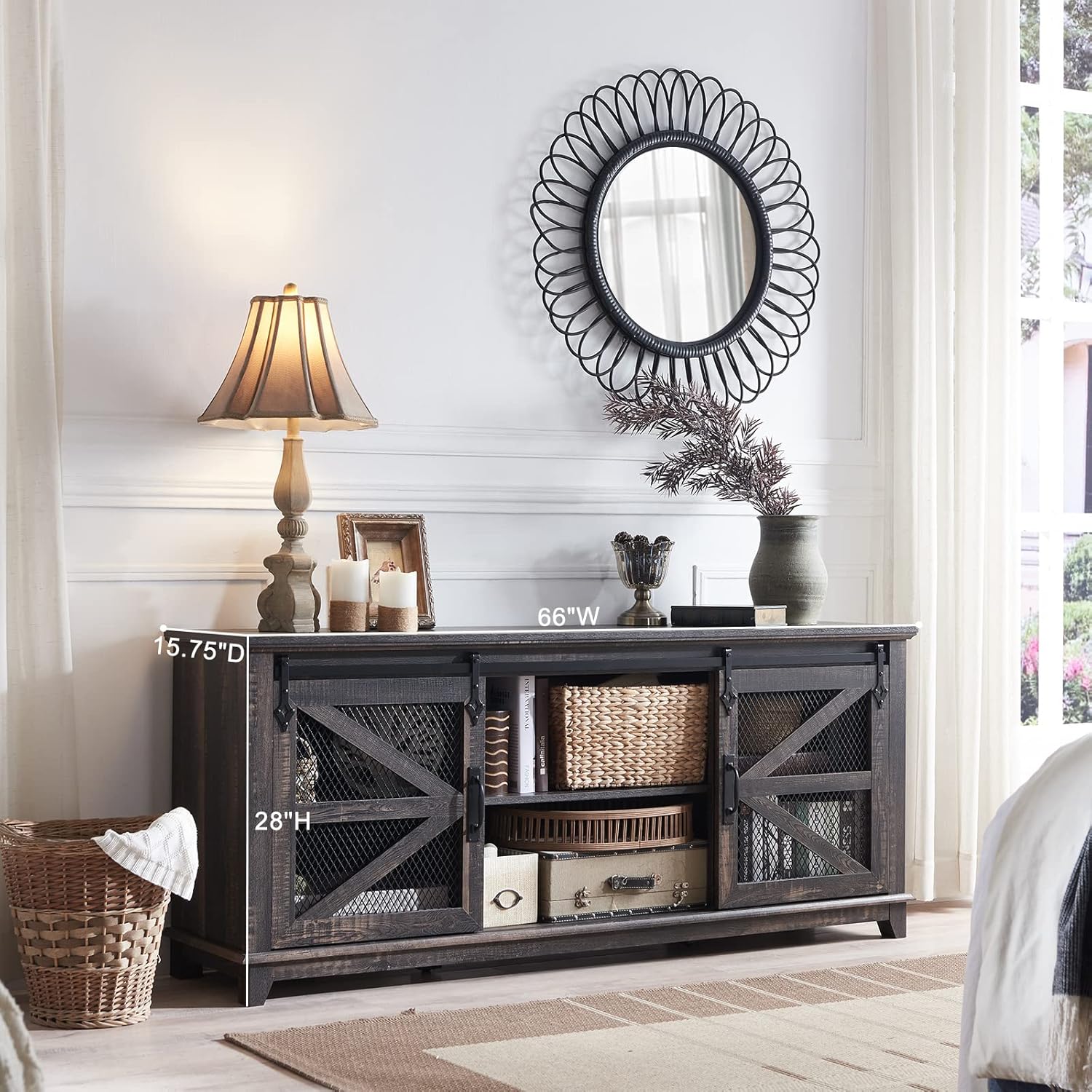 OKD Farmhouse TV Stand for 75 Inch TV, Rustic Oak