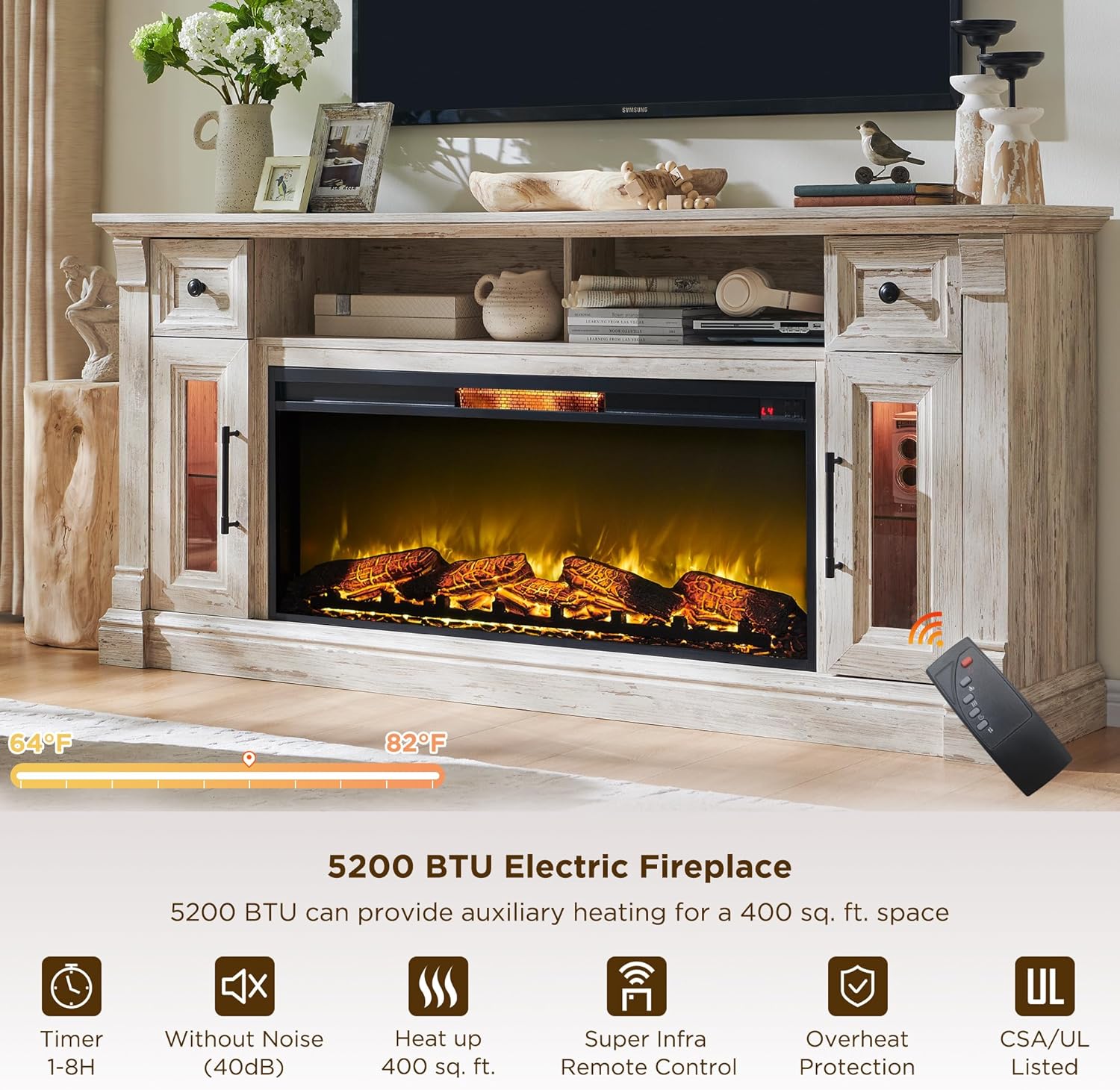 OKD Farmhouse Fireplace TV Stand for 80 Inch TVs