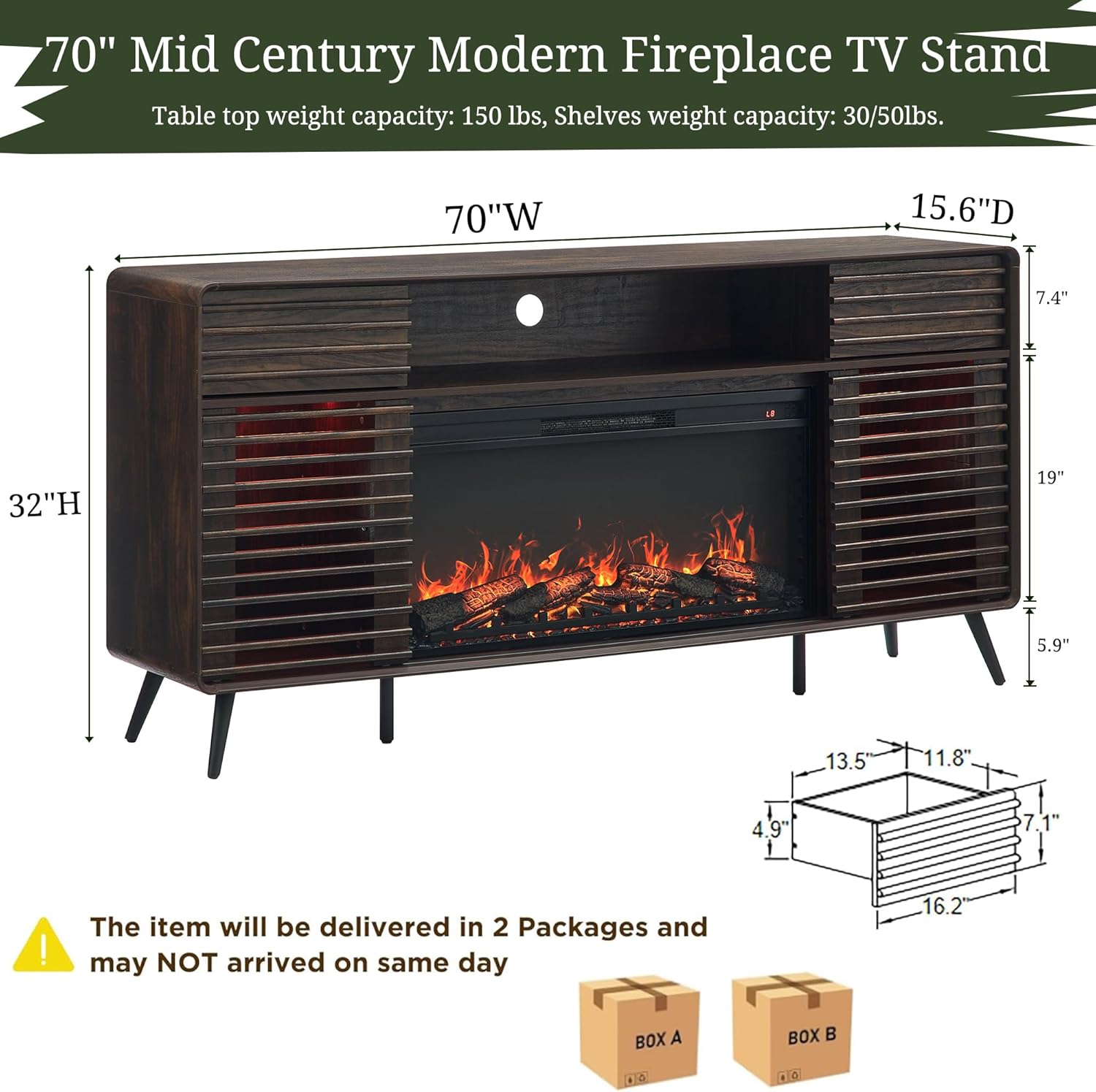 RedLemon Mid Century Modern Fireplace TV Stand for 80 Inch TV