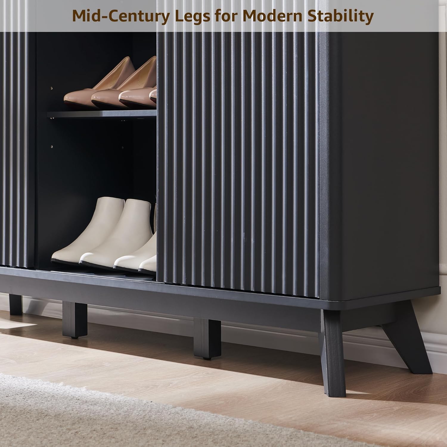 Fluted Shoe Storage Cabinet with Sliding Doors and Adjustable Shelves